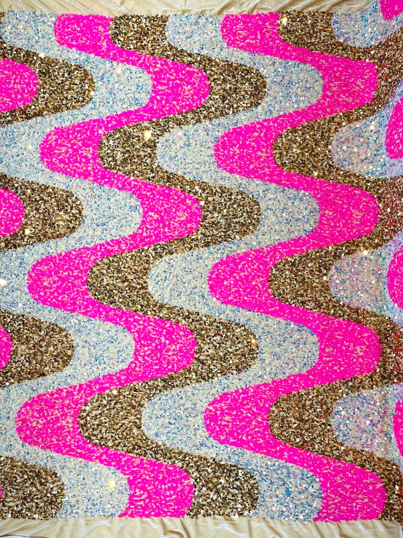 Hot Pink/Gold/Clear Iridescent Sequin Wave Design stretch Velvet All Over Sequin.