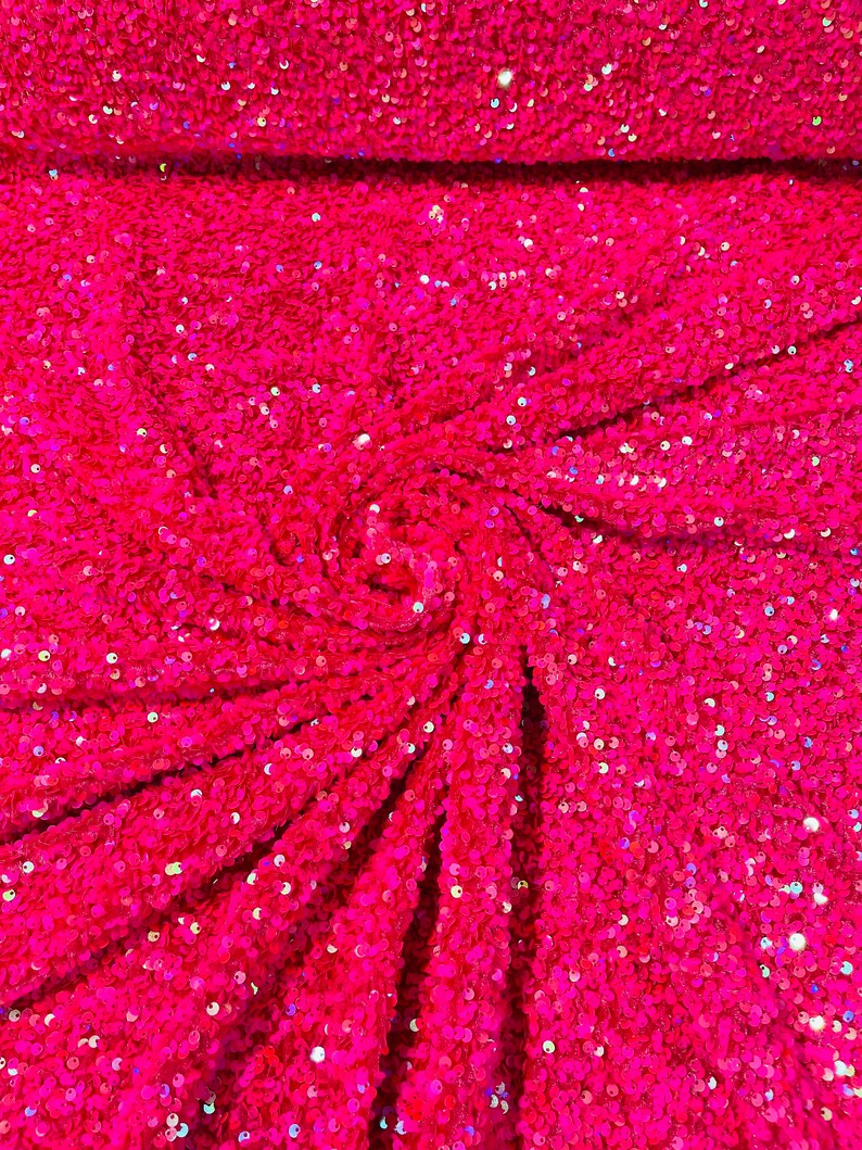 Hot Pink Iridescent Sequin Stretch Velvet Fabric 5mm,58 Inches wide /Prom/ Sold By The Yard.