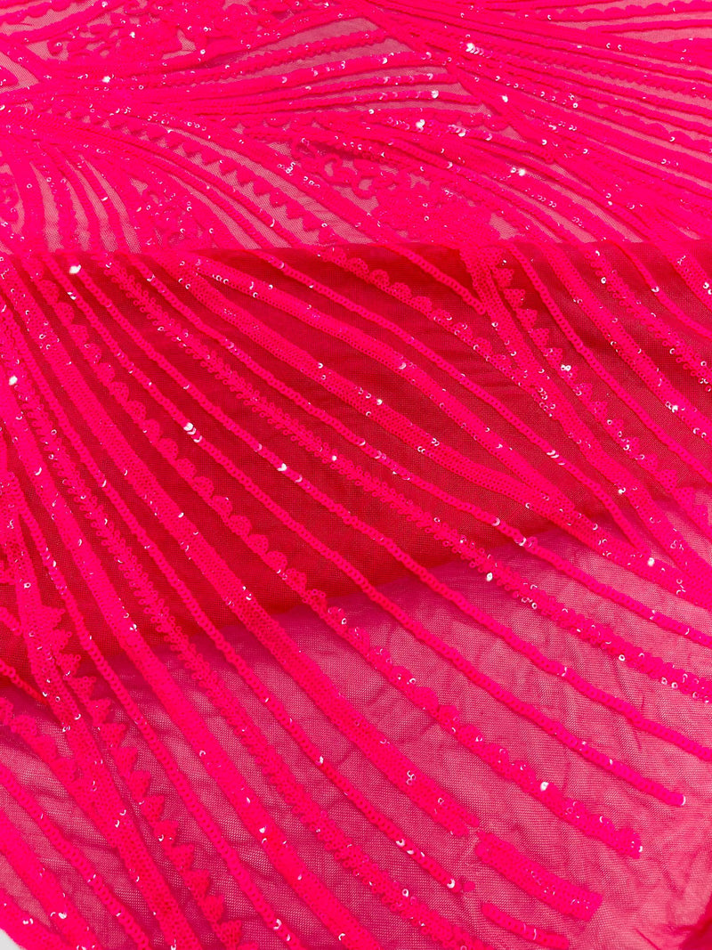 Geometric Feather wing shiny sequin design on a 4 way stretch mesh Fabric-old by the yard.