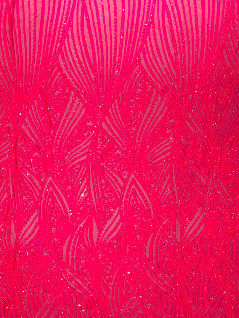 Geometric Feather wing shiny sequin design on a 4 way stretch mesh Fabric-old by the yard.