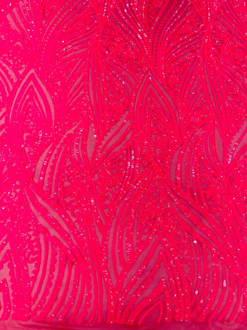 Geometric Feather wing shiny sequin design on a 4 way stretch mesh Fabric-old by the yard.