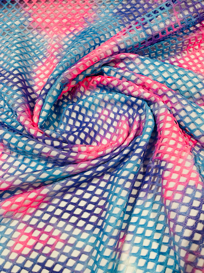 Hot Pink/Lilac Fishnet diamond mesh tie dye with silver glitter 4way stretch 58"Wide/ByTheYard.