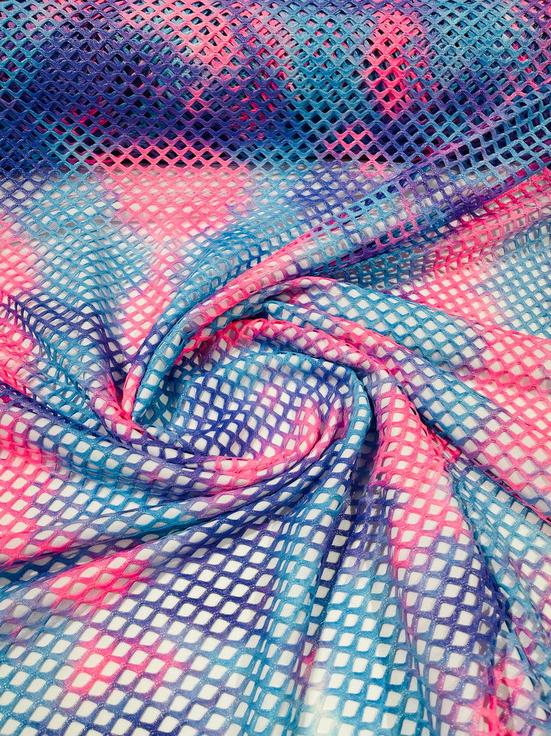 Hot Pink/Lilac Fishnet diamond mesh tie dye with silver glitter 4way stretch 58"Wide/ByTheYard.