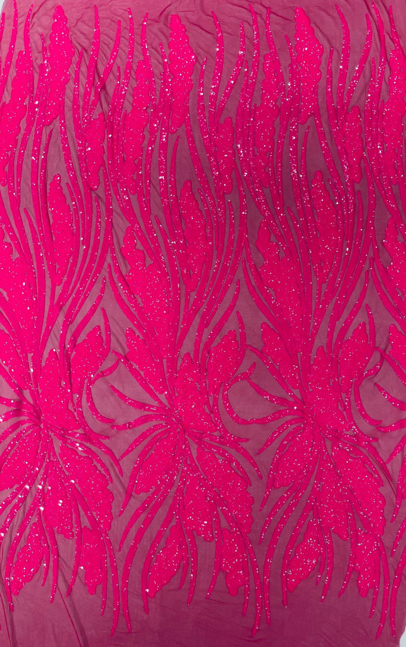 Feather damask shiny sequin design on a 4 way stretch mesh Fabric-sold by The yard.