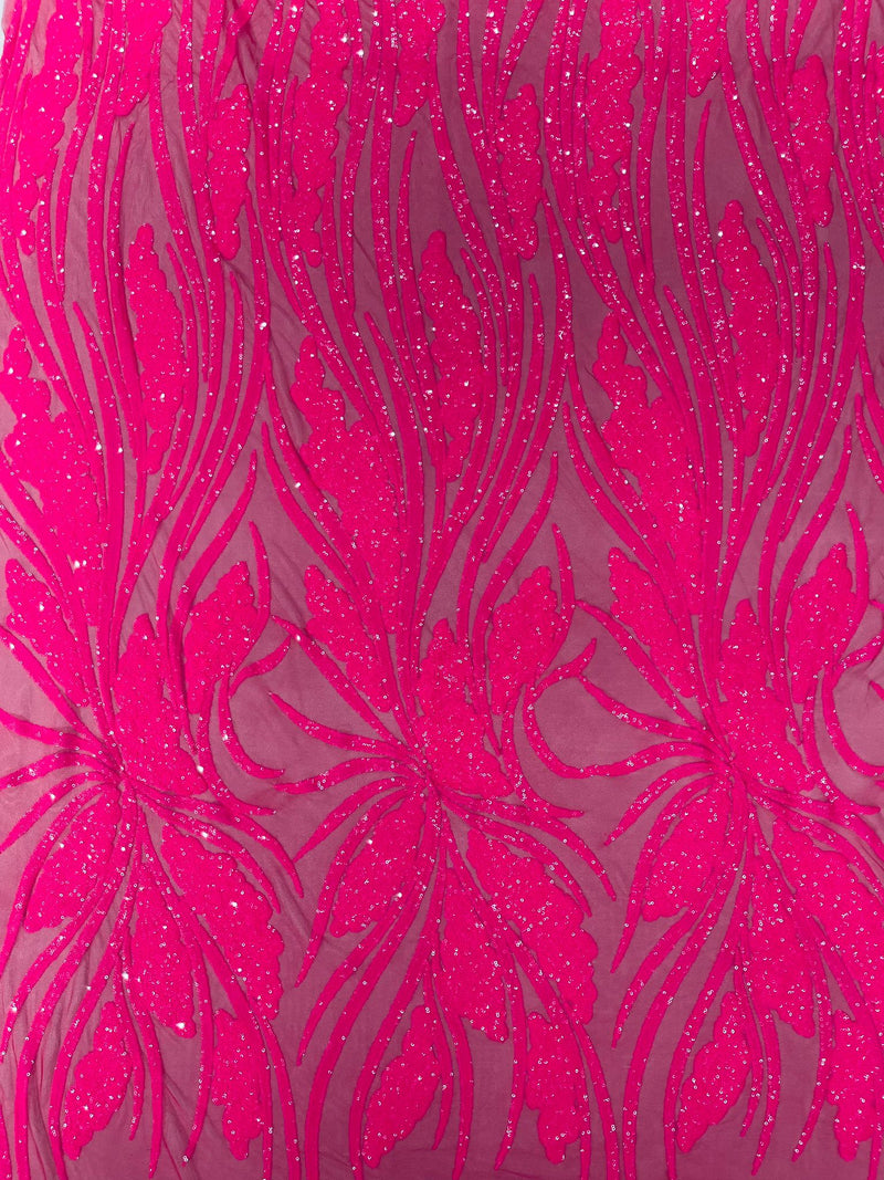 Feather damask shiny sequin design on a 4 way stretch mesh Fabric-sold by The yard.