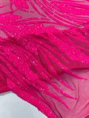 Feather damask shiny sequin design on a 4 way stretch mesh Fabric-sold by The yard.