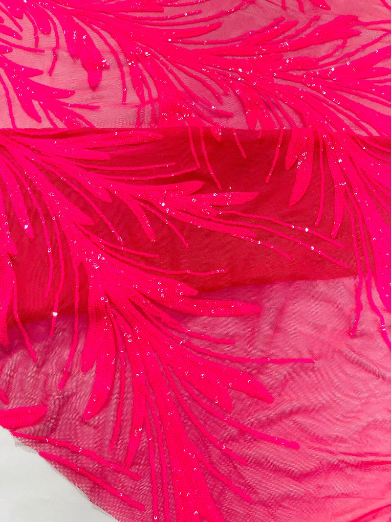 Feather Wing Shiny Sequin Design on a 4 Way Stretch mesh Fabric-Prom-Sold by The Yard.