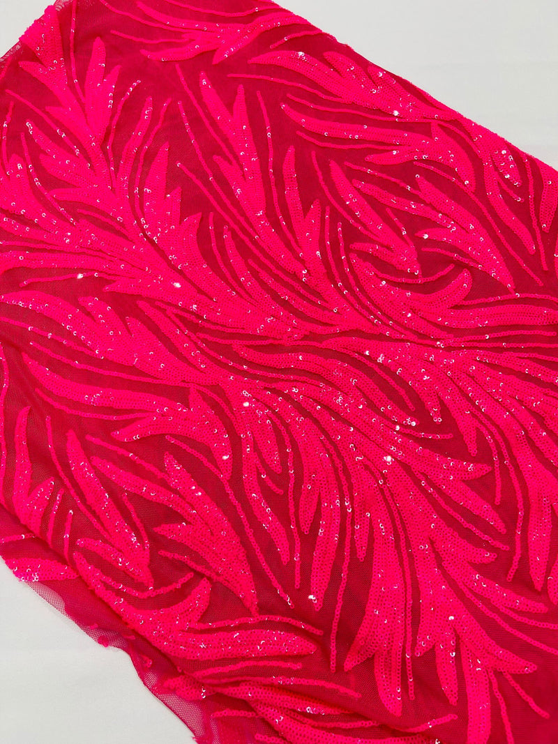 Feather Wing Shiny Sequin Design on a 4 Way Stretch mesh Fabric-Prom-Sold by The Yard.