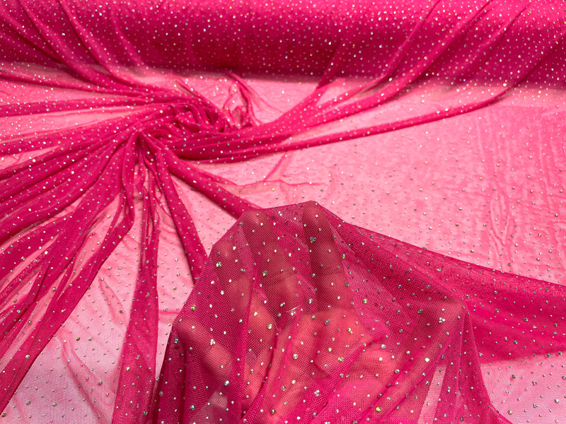 Hot Pink Sheer All Over AB Rhinestones On Stretch Power Mesh Fabric, Dancewear- Sold By The Yard.