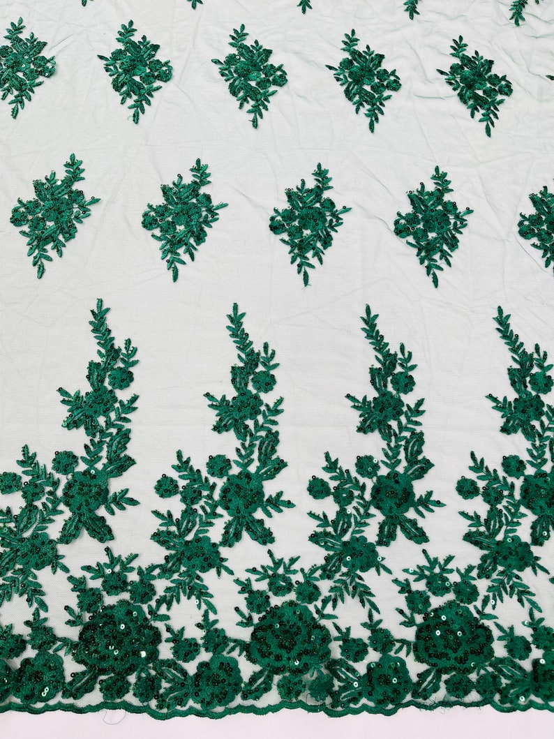 Hunter Green Floral design embroider and beaded on a mesh lace fabric-Wedding/Bridal/Prom/Nightgown fabric