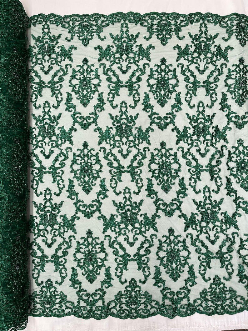 Hunter Green Damask embroider with sequins and heavy beaded on a mesh lace fabric-sold by the yard