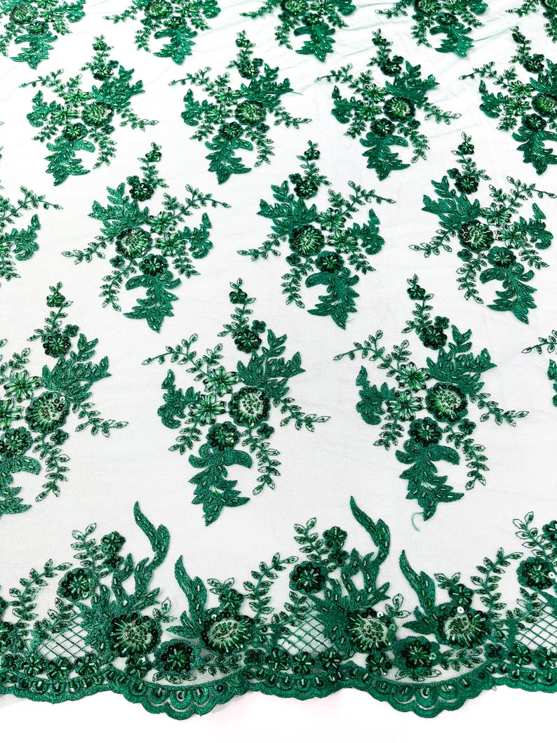 Hunter Green Gorgeous French design embroider and beaded on a mesh lace. Wedding/Bridal/Prom/Nightgown fabric