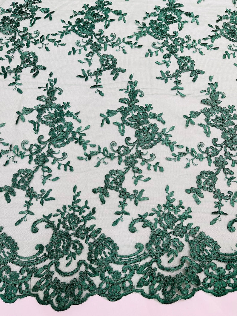 Hunter Green Corded embroider flowers on a mesh lace fabric-prom-sold by the yard.
