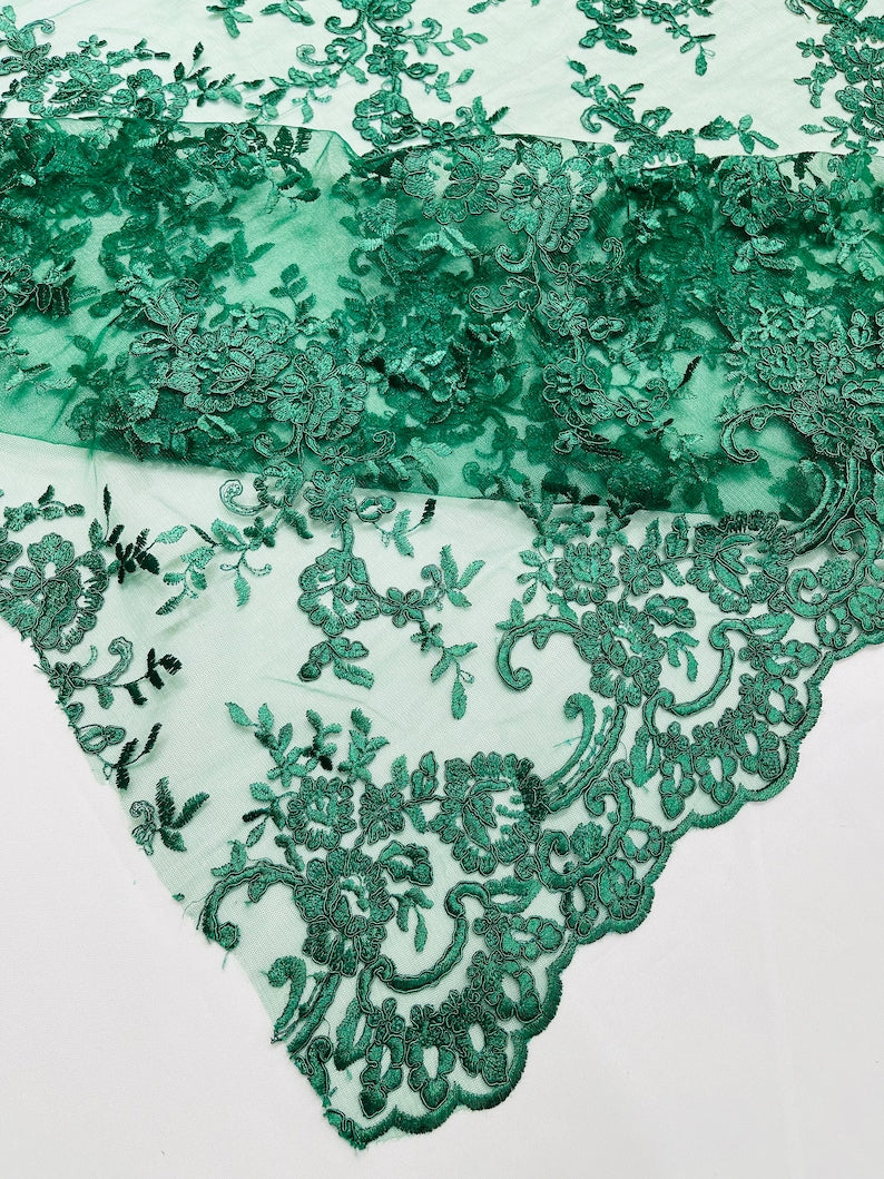 Hunter Green Corded embroider flowers on a mesh lace fabric-prom-sold by the yard.