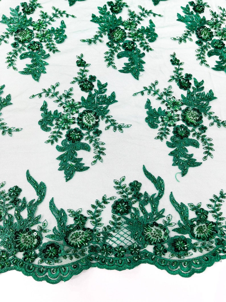 Hunter Green Gorgeous French design embroider and beaded on a mesh lace. Wedding/Bridal/Prom/Nightgown fabric