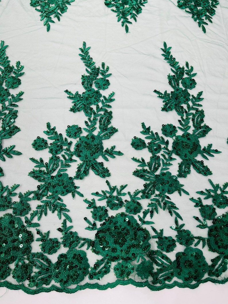 Hunter Green Floral design embroider and beaded on a mesh lace fabric-Wedding/Bridal/Prom/Nightgown fabric