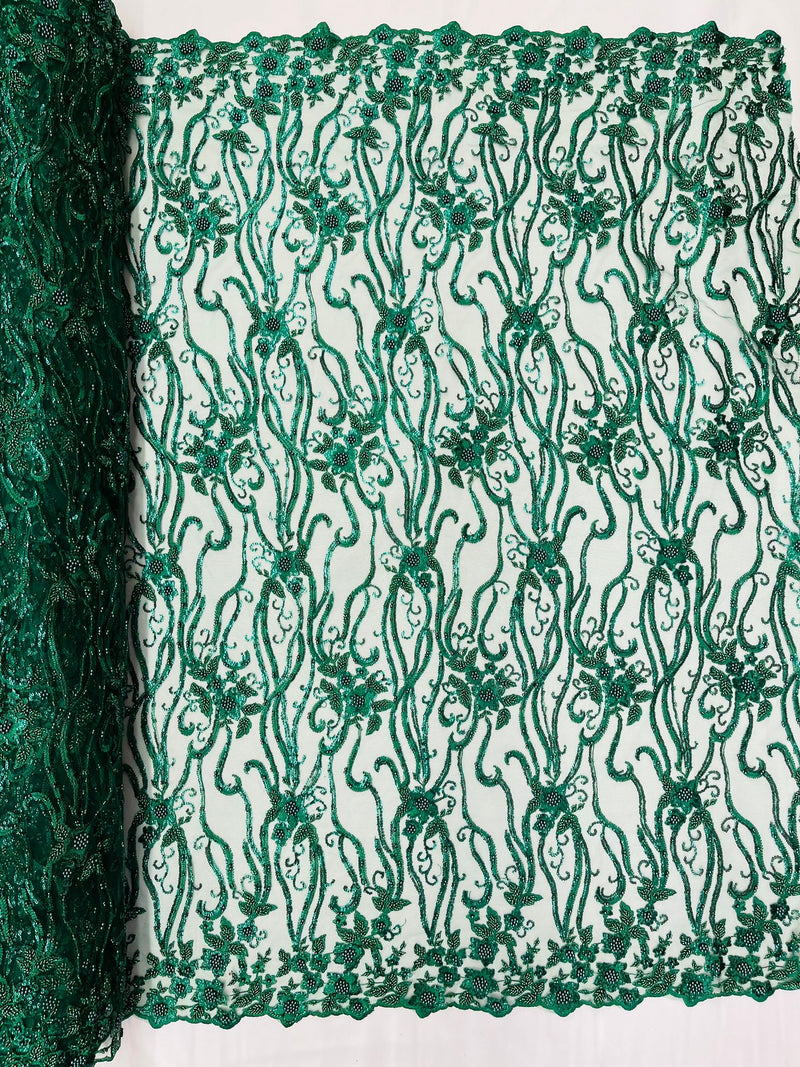 Hunter Green Vine Floral Beaded Lace/Sequin Embroider Lace Fabric - Sold By the Yard.