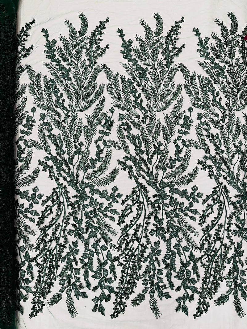 Hunter Green Floral Beaded Lace Fabric /Wedding/Prom/Sequin lace Sold By The Yard.