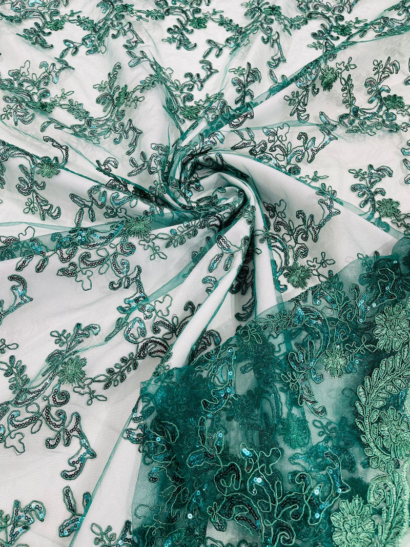 Hunter Green Flower lace corded and embroider with sequins on a mesh-Sold by the yard.