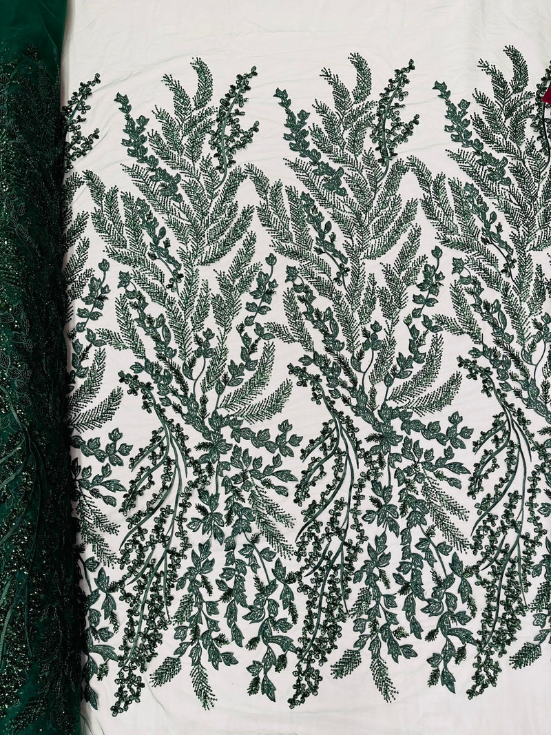 Hunter Green Floral Beaded Lace Fabric /Wedding/Prom/Sequin lace Sold By The Yard.