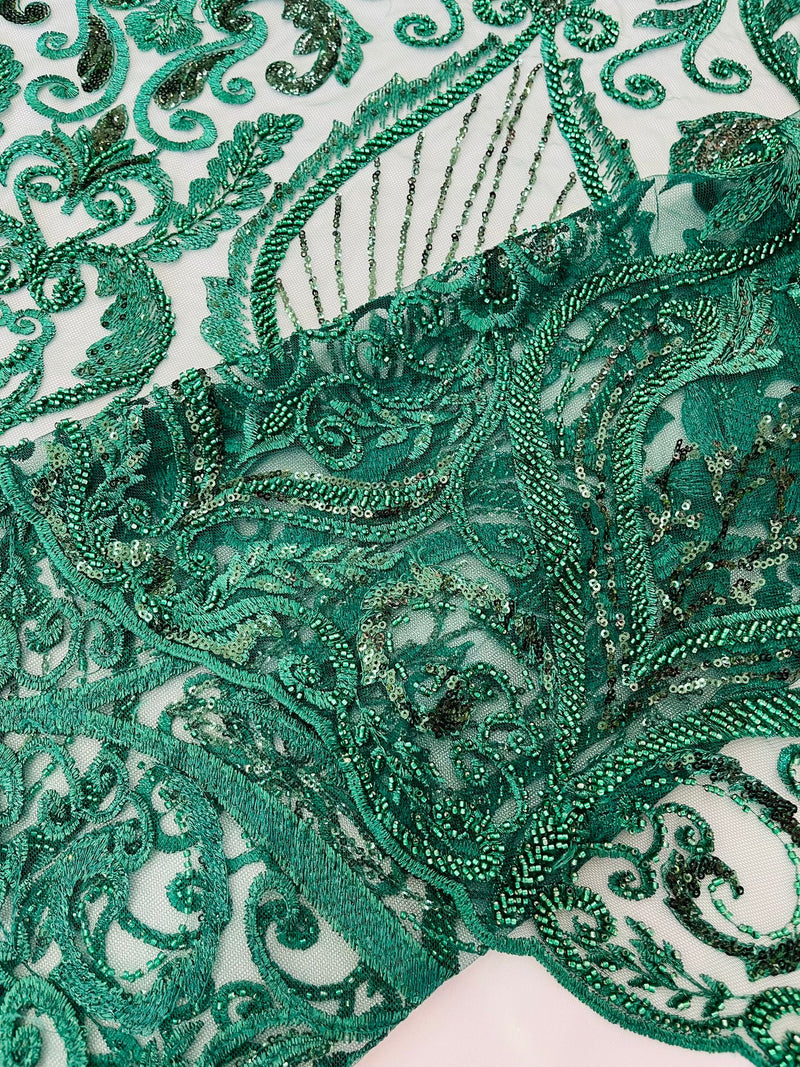 Hunter Green Floral damask embroider and heavy beaded on a mesh lace fabric/wedding/Costplay