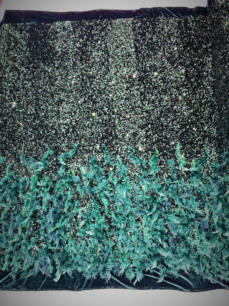 Hunter Green 5mm sequins on a stretch velvet with feathers 2-way stretch, sold by the yard