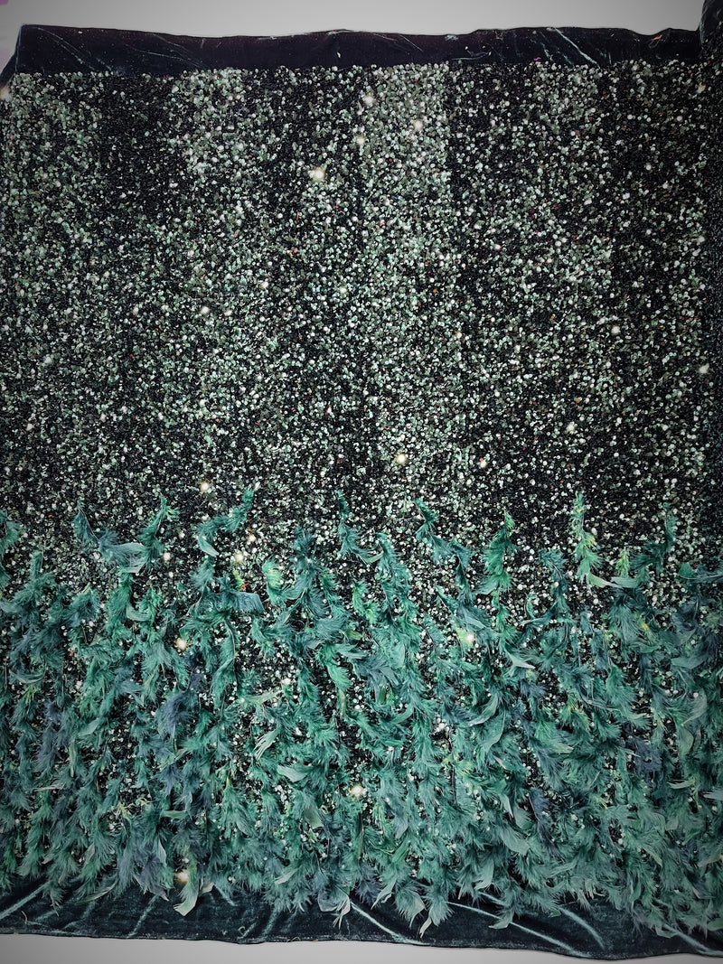 Hunter Green 5mm sequins on a stretch velvet with feathers 2-way stretch, sold by the yard