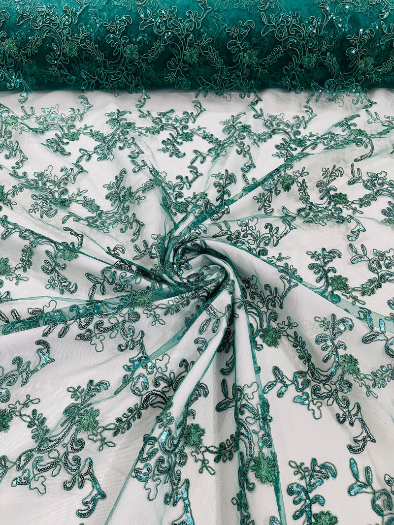 Hunter Green Flower lace corded and embroider with sequins on a mesh-Sold by the yard.