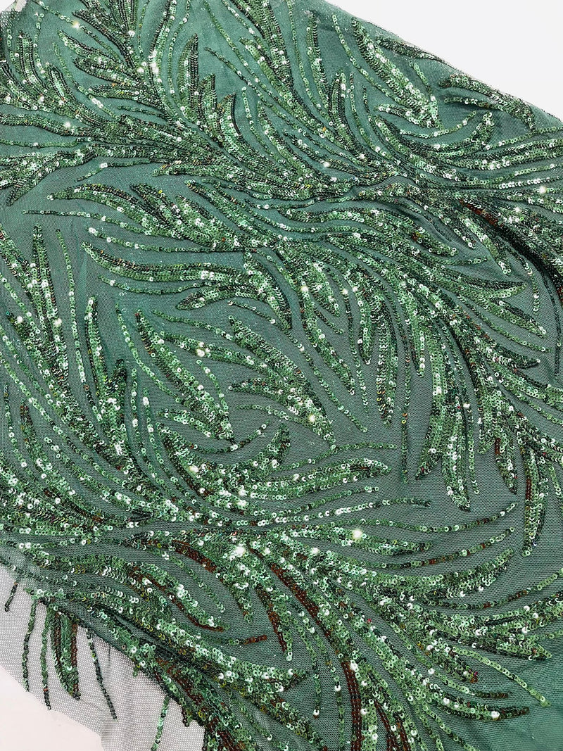 Feather Wing Shiny Sequin Design on a 4 Way Stretch mesh Fabric-Prom-Sold by The Yard.