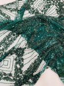 Luxury Bridal Fabric with Geometric Beading on a mesh, by The Yard.