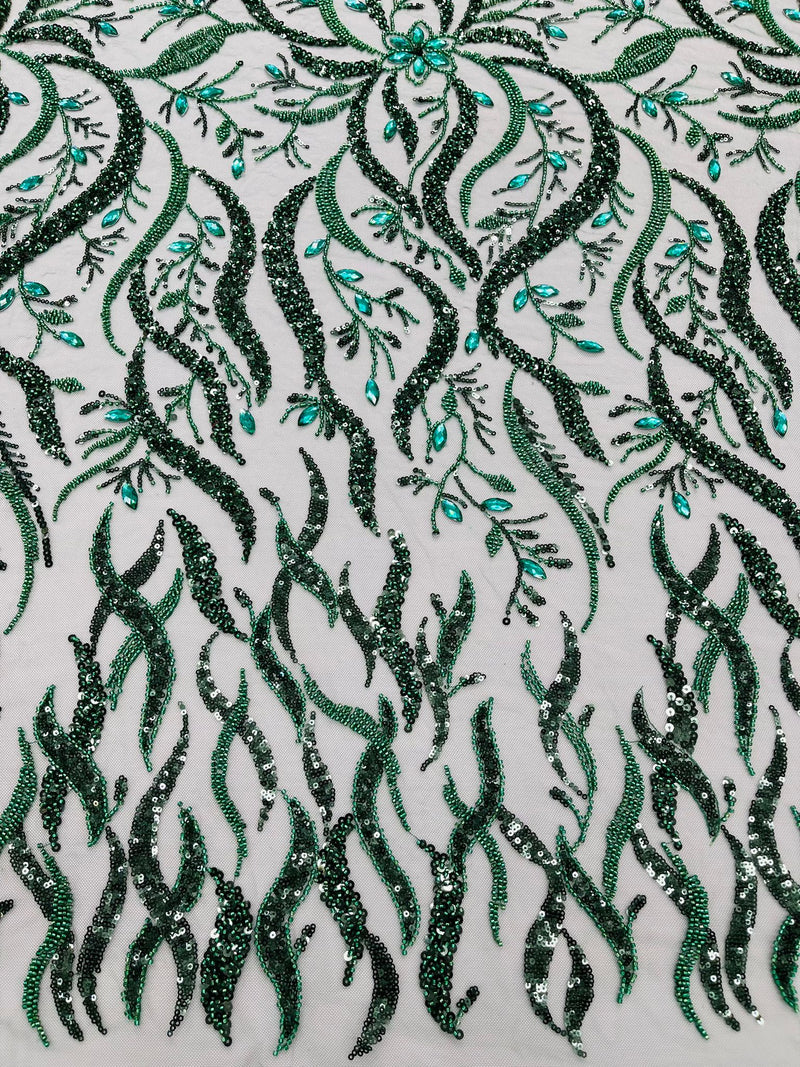 Hunter Green Vine Design Embroider And Heavy Beading/Sequins On A Mesh Lace Fabric/Wedding Lace/Costplay.