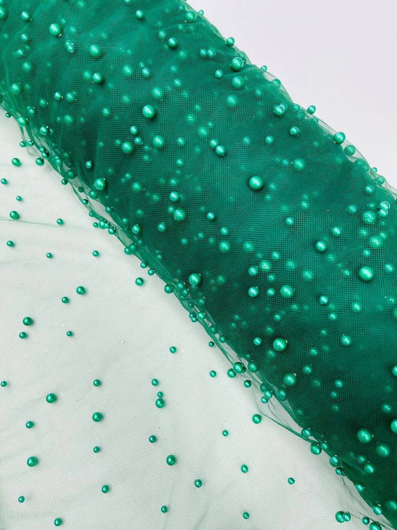 Heavy Scattered Pearls Studded Mesh, 2-Way Stretch, sold by the yard.