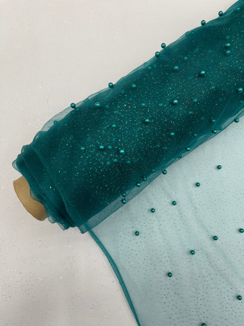 Pearl Glitter Studded Mesh, 2-Way Stretch Shimmer Mesh Fabric, Sold by the yard.