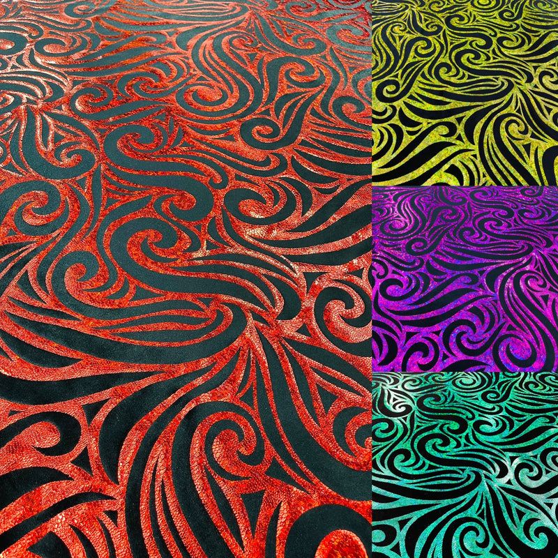 Holographic Foil Tribal Flame Design On A Stretch Velvet  Fabric. By The Yard