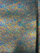 Leopard oil spill metallic print on a stretch nylon spandex tricot/milliskin -sold by the yard.