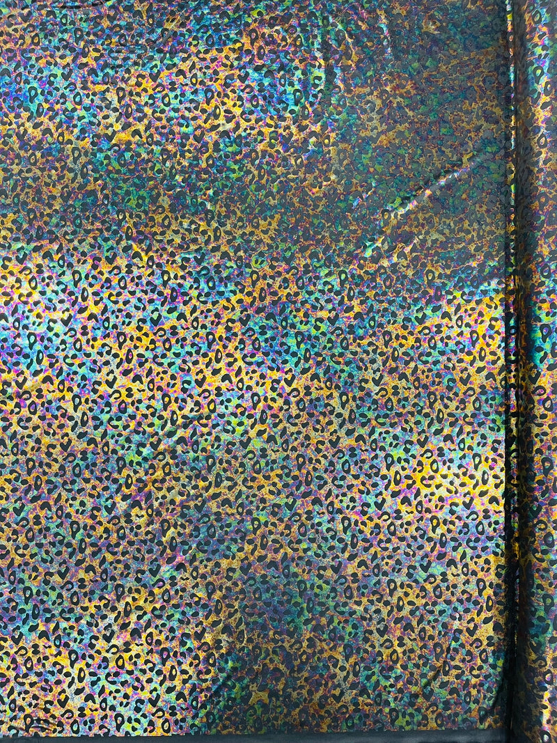 Leopard oil spill metallic print on a stretch nylon spandex tricot/milliskin -sold by the yard.