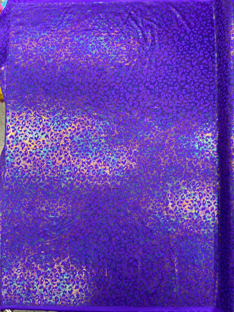 Leopard oil spill metallic print on a stretch nylon spandex tricot/milliskin -sold by the yard.