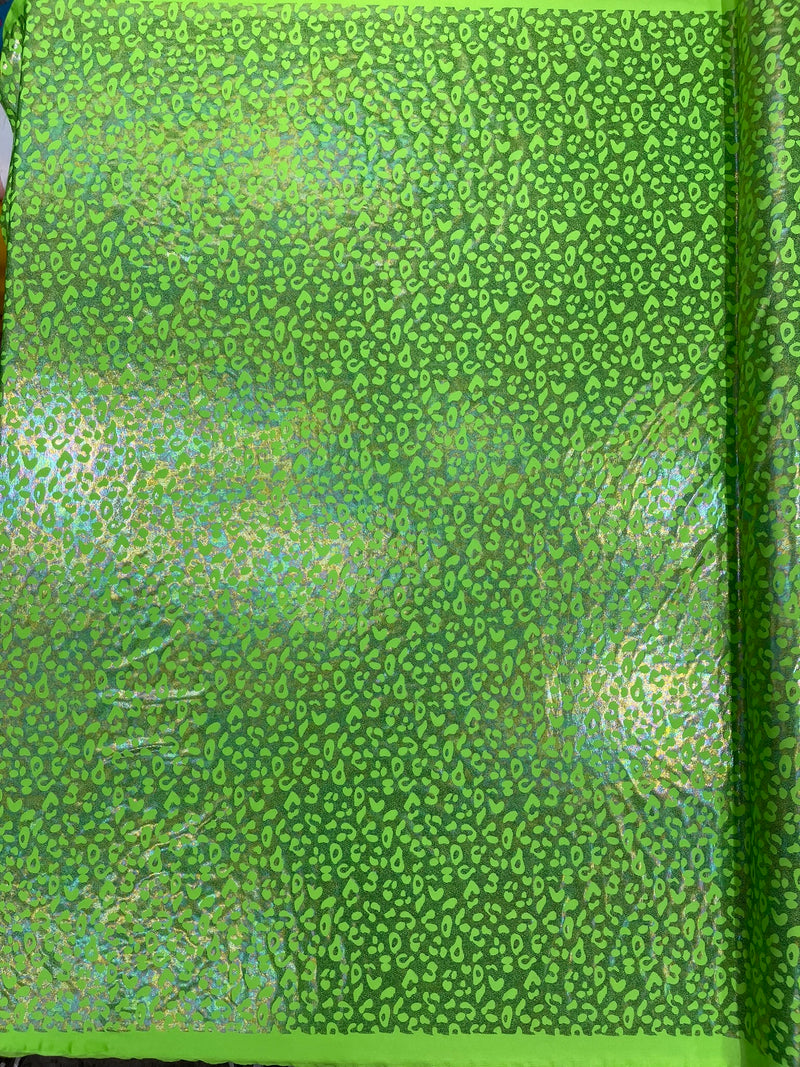 Leopard oil spill metallic print on a stretch nylon spandex tricot/milliskin -sold by the yard.