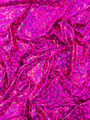 Leopard oil spill metallic print on a stretch nylon spandex tricot/milliskin -sold by the yard.