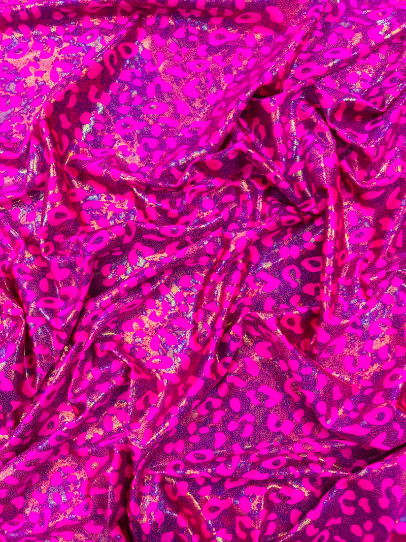 Leopard oil spill metallic print on a stretch nylon spandex tricot/milliskin -sold by the yard.