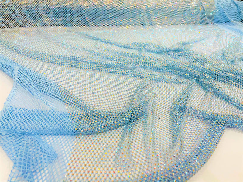 Light Blue Fish Net Fabric Soft Stretch 45" Wide AB Iridescent Rhinestones-sold by The Yard.