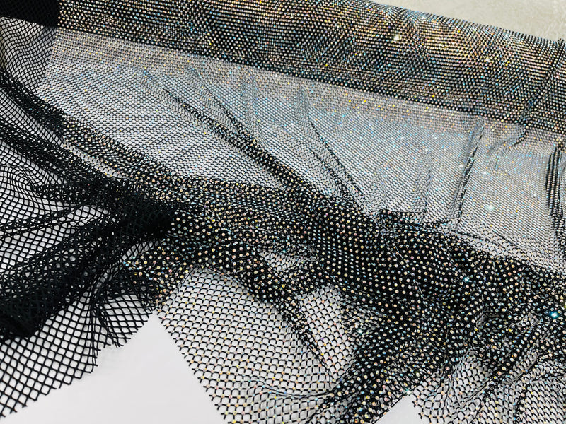 Black Fish Net Fabric Soft Stretch 45" Wide AB Iridescent Rhinestones-sold by The Yard.