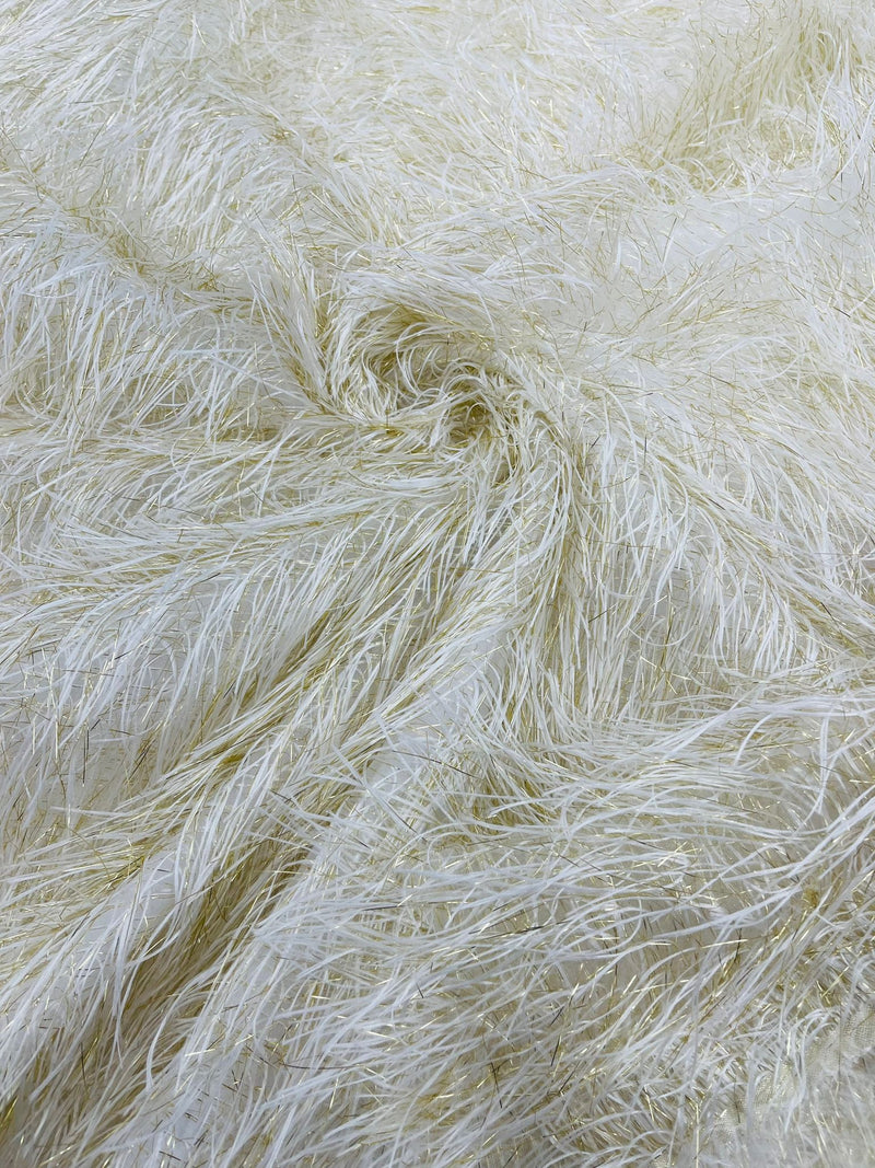 Ivory/Gold Shaggy Jacquard Faux Ostrich/Eye Lash Feathers Fringe With Metallic Thread By The Yard
