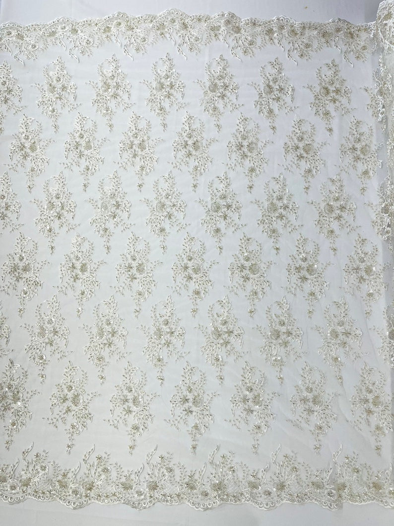 Metallic Ivory Gorgeous French design embroider and beaded on a mesh lace. Wedding/Bridal/Prom/Nightgown fabric