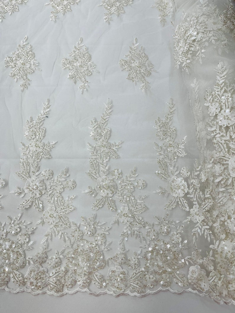 Ivory Floral design embroider and beaded on a mesh lace fabric-Wedding/Bridal/Prom/Nightgown fabric