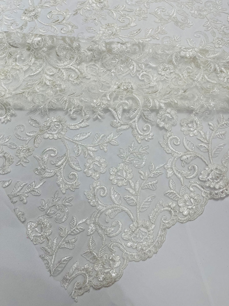 Ivory Corded french design-embroider with sequins on a mesh lace fabric-prom-nightgown-decorations-sold by the yard