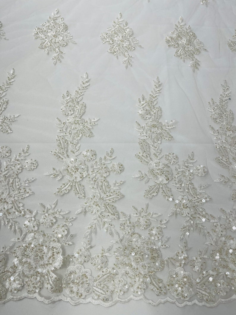 Ivory Floral design embroider and beaded on a mesh lace fabric-Wedding/Bridal/Prom/Nightgown fabric