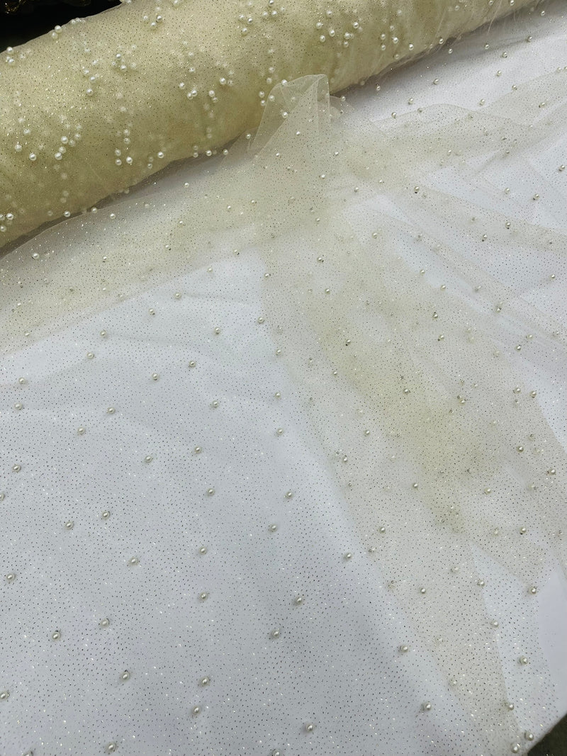 Pearl Glitter Studded Mesh, 2-Way Stretch Shimmer Mesh Fabric, Sold by the yard.