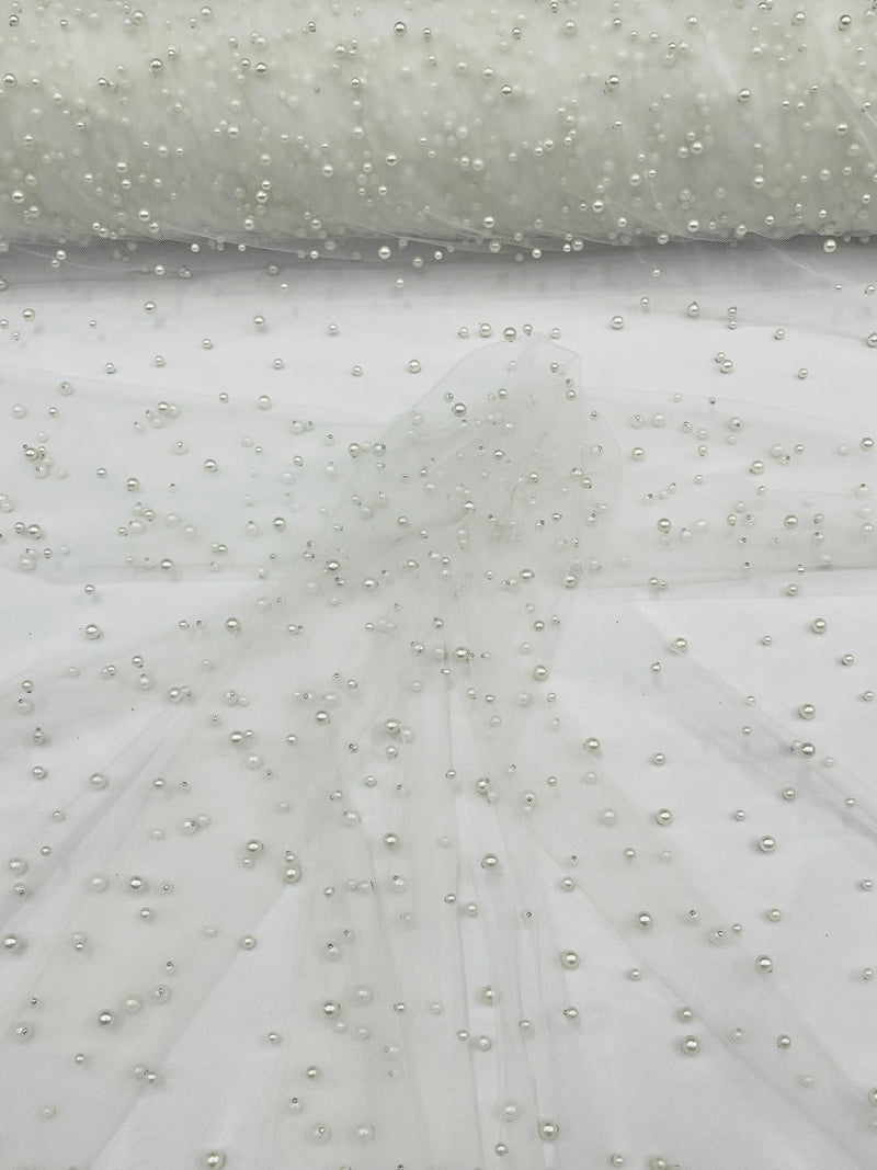 Heavy Scattered Pearls Studded Mesh, 2-Way Stretch, sold by the yard.