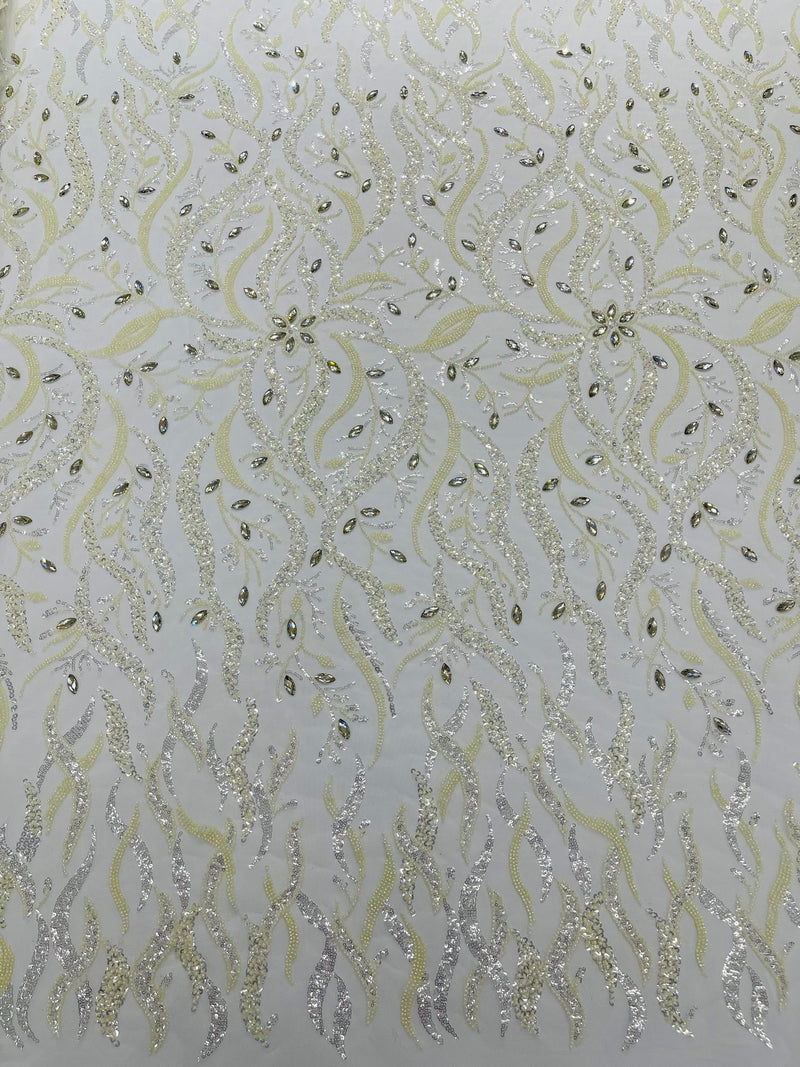 Ivory Vine Design Embroider And Heavy Beading/Sequins On A Mesh Lace Fabric/Wedding Lace/Costplay.